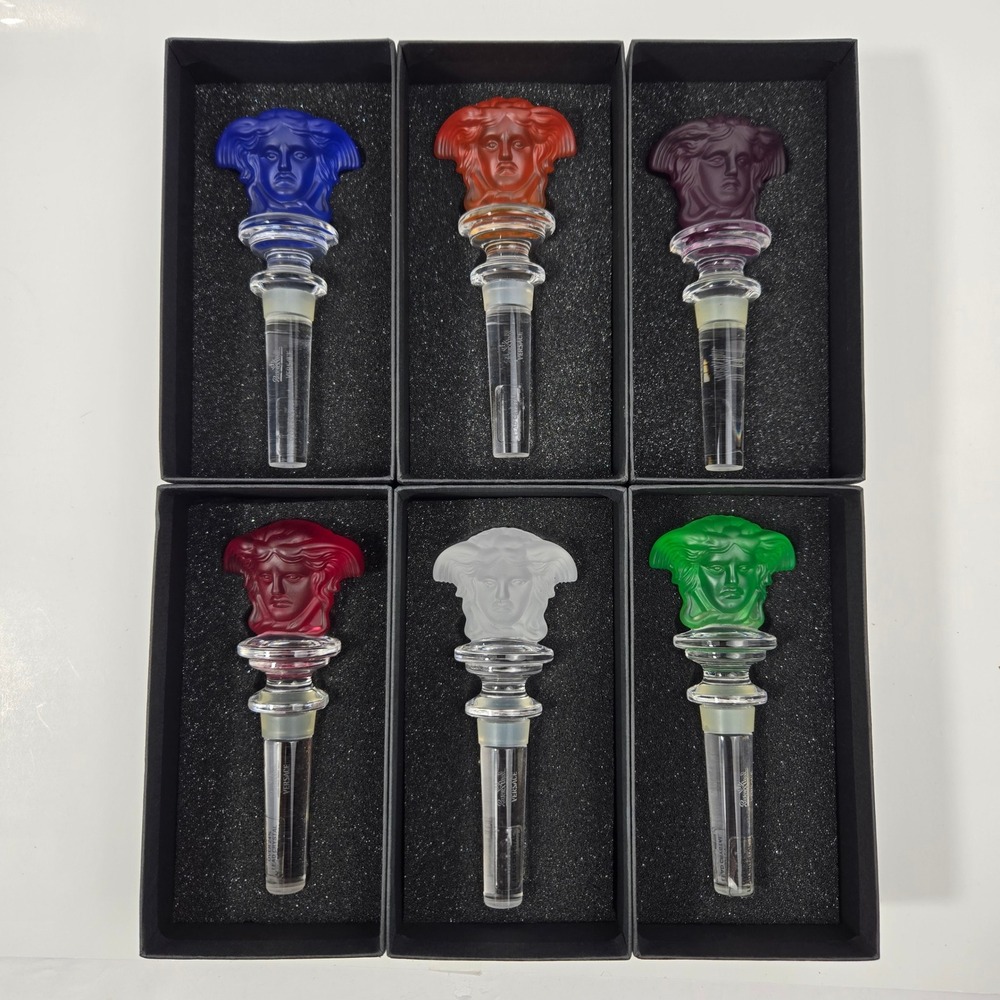 Set of 6 Rosenthal Versace Medusa Crystal Wine Bottle Stoppers Full Rainbow NIB